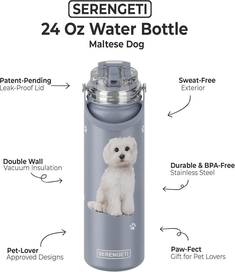 ES Pets SERENGETI 24 Oz Water Bottle Stainless Steel with Spill Proof Lid - Double walled Vacuum Insulated water flask - Realistic 3D Print of your favorite dog (Maltese) - Image 1